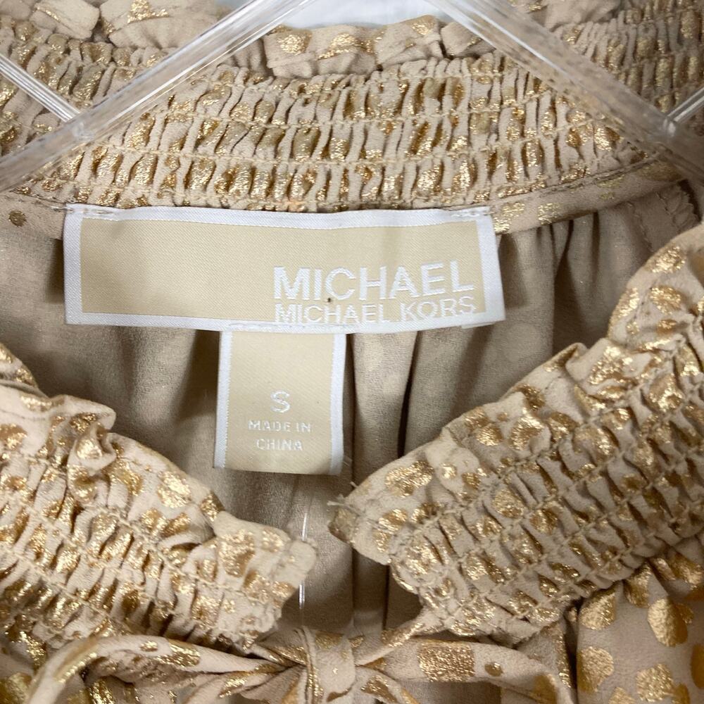 NWT MICHAEL KORS Top S Gold Geo Dots Ruffle Bow-Tie Balloon-Flounce-Long-Sleeve - Picture 5 of 16